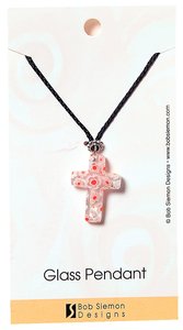 Murrine Glass Pendant: Clear Cross With Flowers Adjustable Braided Cotton Cord Murrine Glass Pendant: Clear Cross With Flowers Adjustable Braided Cotton Cord