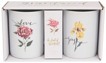 Ceramic Mugs Set of 2: Fruit of the Spirit, Joy & Love, White/Flowers on Each Mug Ceramic Mugs Set of 2: Fruit of the Spirit, Joy & Love, White/Flowers on Each Mug